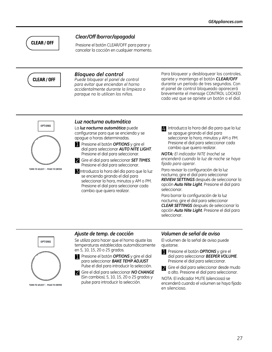 Clear/off (borrar/apagado), Bloqueo del control, Ajuste de temp, de cocción | Volumen de señal de aviso | GE CVM1790SSSS User Manual | Page 63 / 76