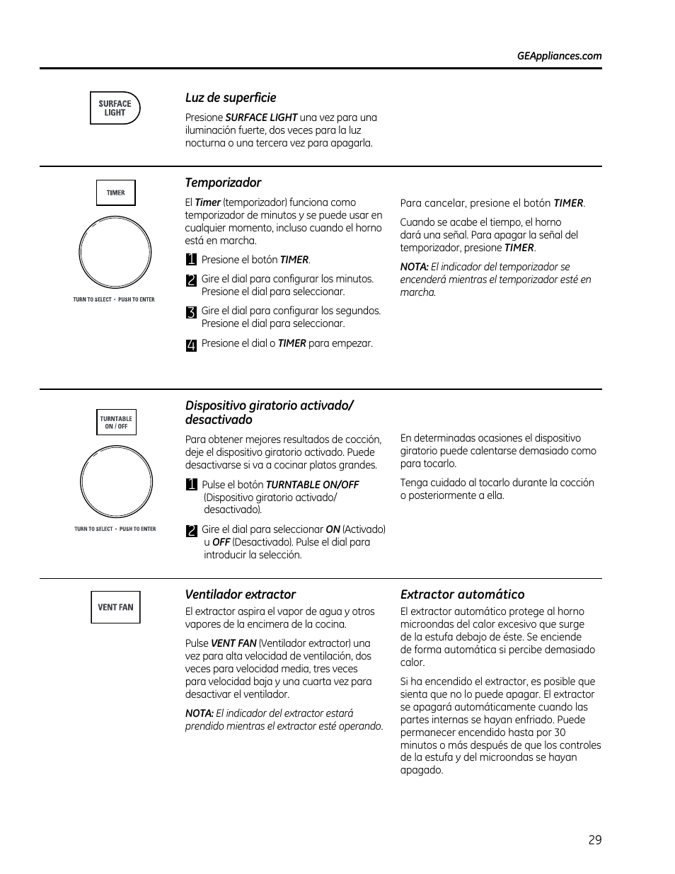 Luz de superficie, Temporizador, Dispositivo giratorio activado/ desactivado | Ventilador extractor, Extractor automático | GE CVM1790SSSS User Manual | Page 65 / 76