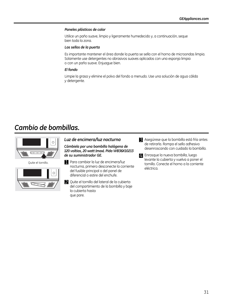 Cambio de bombillas, Luz de encimera/luz nocturna | GE CVM1790SSSS User Manual | Page 67 / 76