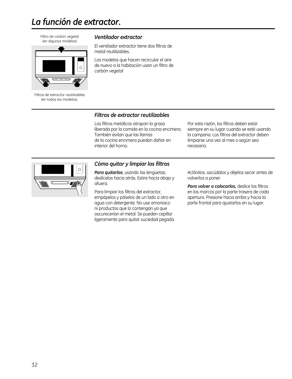 La función de extractor, Ventilador extractor, Filtros de extractor reutilizables | Cómo quitar y limpiar los filtros | GE CVM1790SSSS User Manual | Page 68 / 76