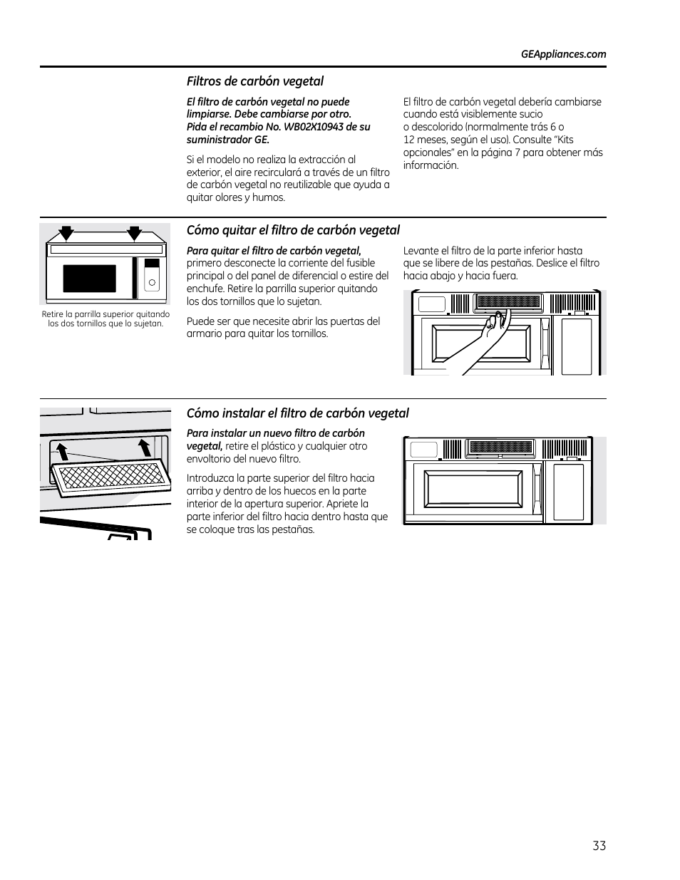 Filtros de carbón vegetal, Cómo quitar el filtro de carbón vegetal, Cómo instalar el filtro de carbón vegetal | GE CVM1790SSSS User Manual | Page 69 / 76