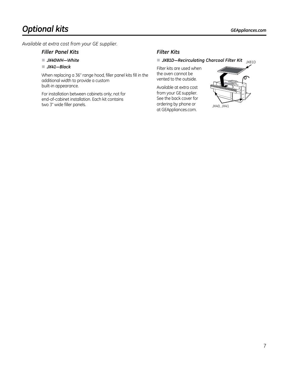 Filler panel kits, Filter kits, Optional kits | GE CVM1790SSSS User Manual | Page 7 / 76