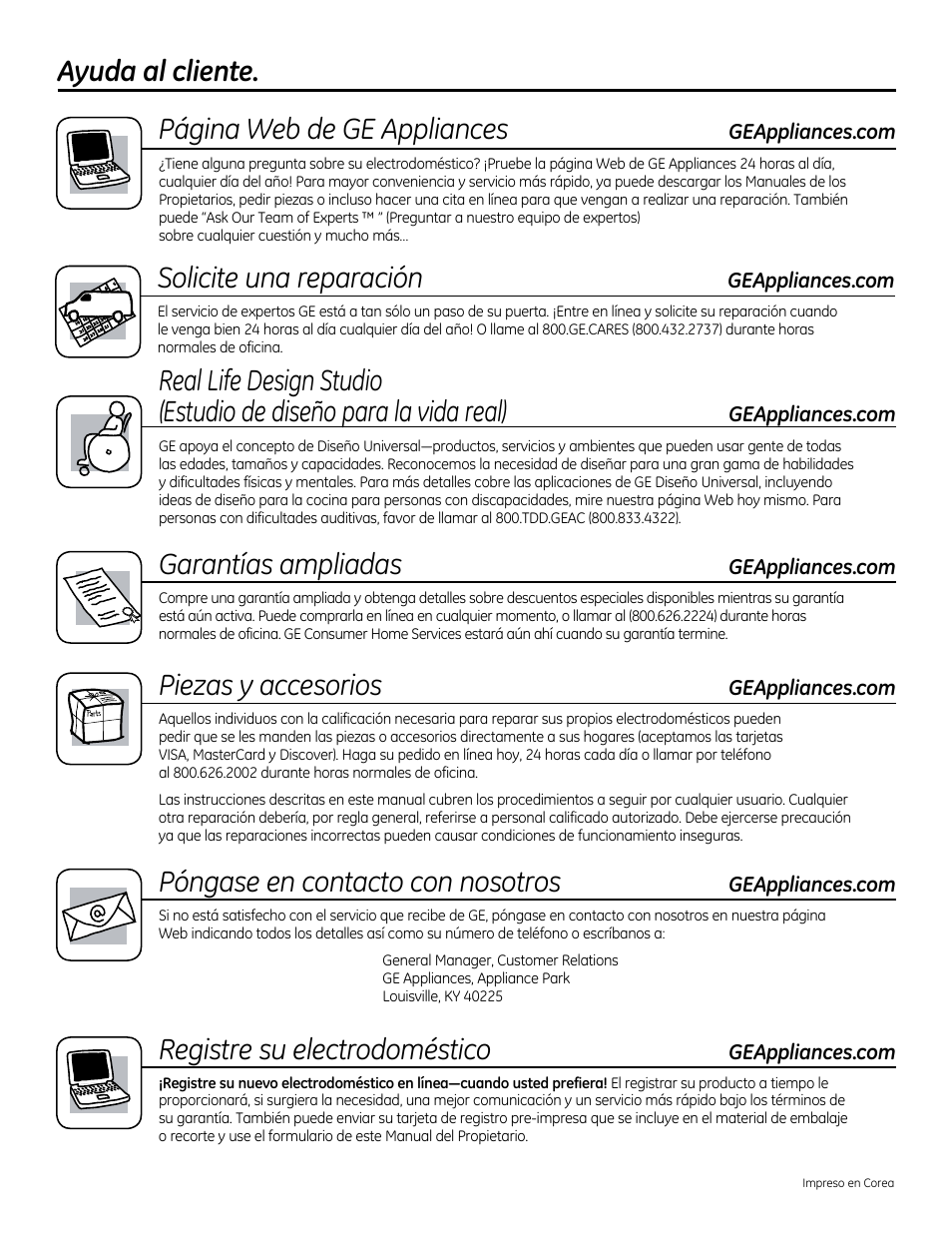 Ayuda al cliente, Página web de ge appliances, Solicite una reparación | Garantías ampliadas, Piezas y accesorios, Póngase en contacto con nosotros, Registre su electrodoméstico | GE CVM1790SSSS User Manual | Page 76 / 76