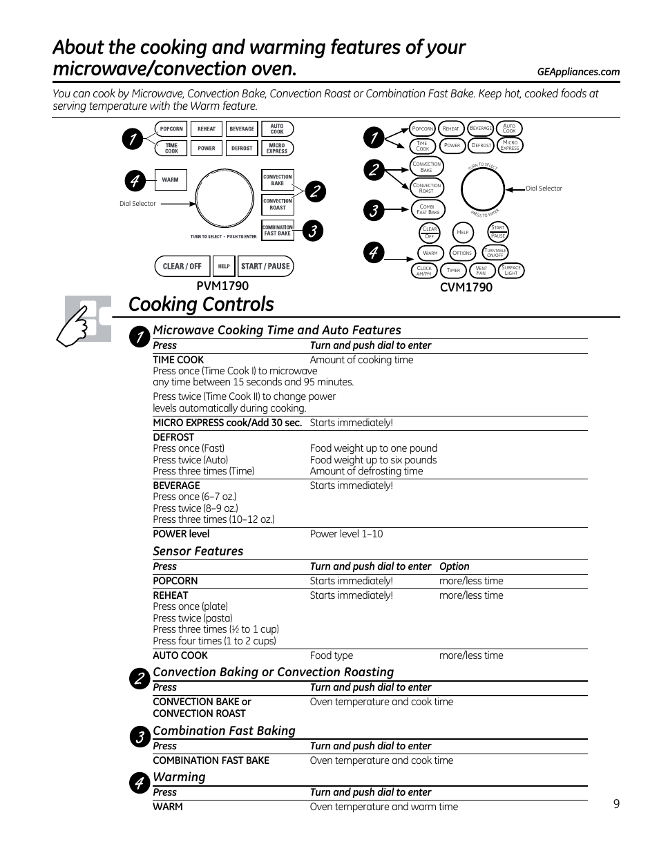 Cooking controls, Microwave cooking time and auto features, Pvm1790 | Cvm1790 microwave cooking time and auto features, Sensor features, Convection baking or convection roasting, Combination fast baking, Warming | GE CVM1790SSSS User Manual | Page 9 / 76