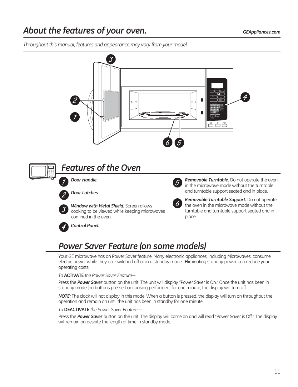 About the features of your oven, Features of the oven, Power saver feature (on some models) | Lock controls hold 3 sec, Weight/time | GE JVM7195RFSS User Manual | Page 11 / 60