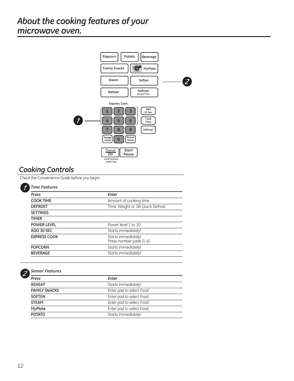 About the cooking features of your microwave oven, Cooking controls | GE JVM7195RFSS User Manual | Page 12 / 60