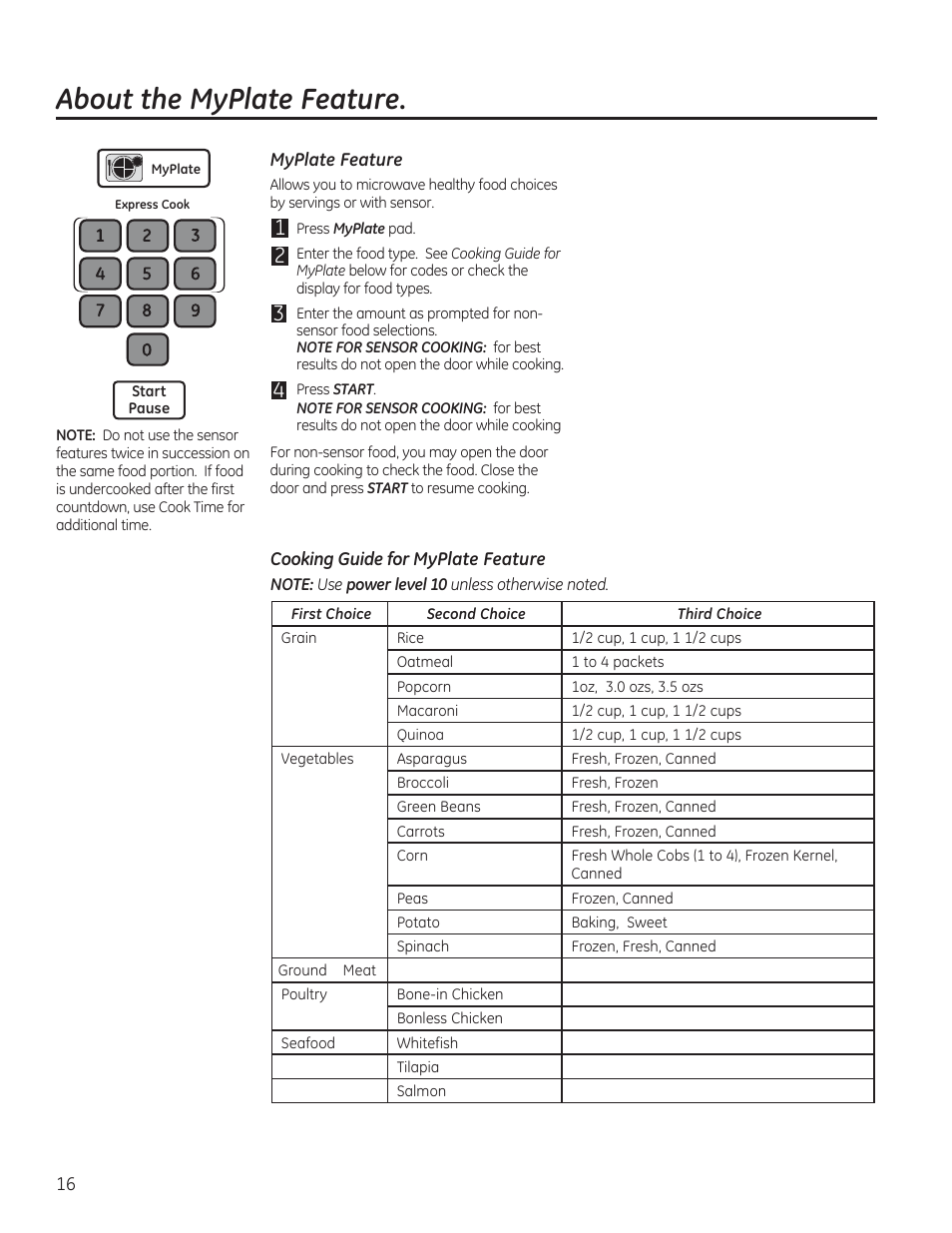 About the myplate feature | GE JVM7195RFSS User Manual | Page 16 / 60
