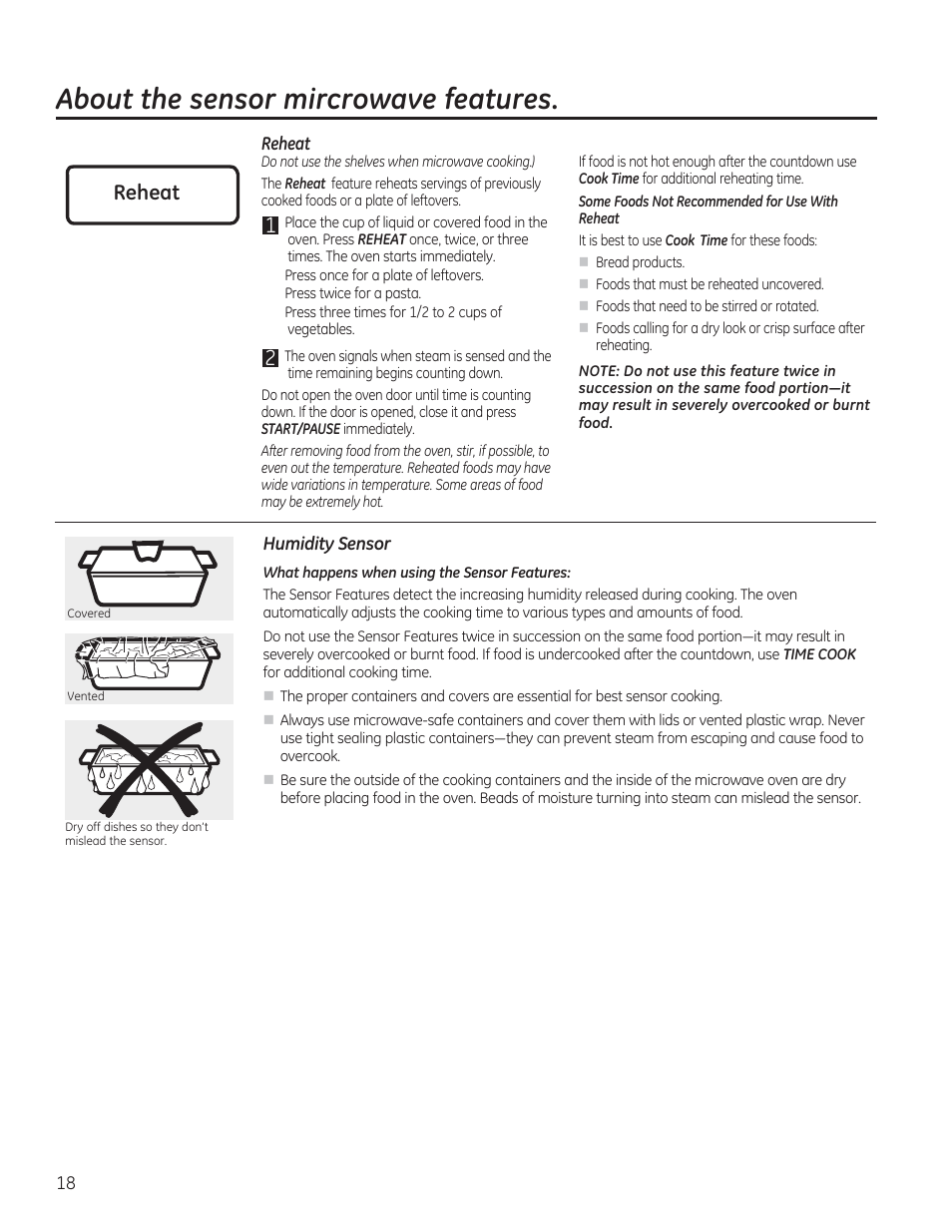 About the sensor mircrowave features, Reheat | GE JVM7195RFSS User Manual | Page 18 / 60