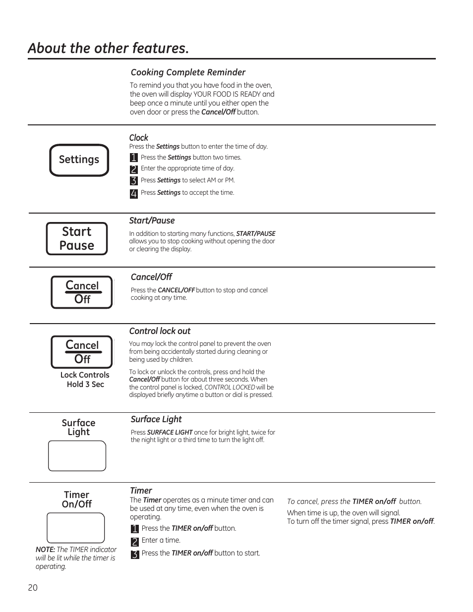 About the other features, Start pause c, Settings | GE JVM7195RFSS User Manual | Page 20 / 60