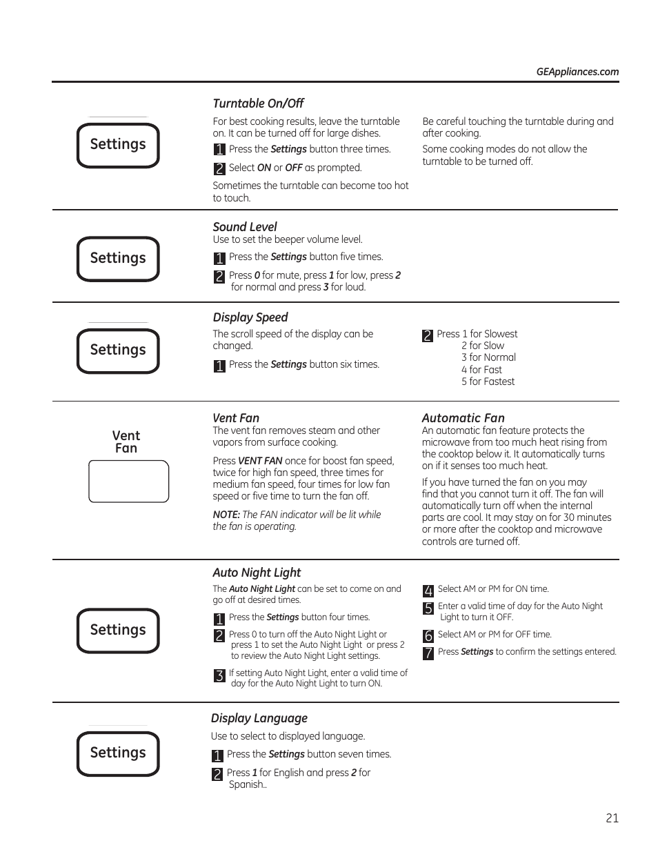 Settings | GE JVM7195RFSS User Manual | Page 21 / 60