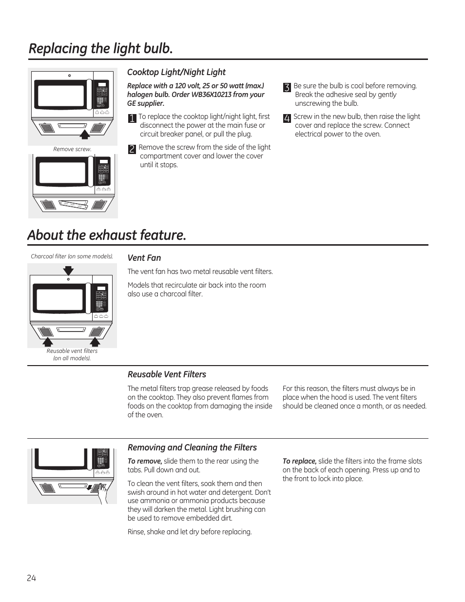 About the exhaust feature, Replacing the light bulb | GE JVM7195RFSS User Manual | Page 24 / 60