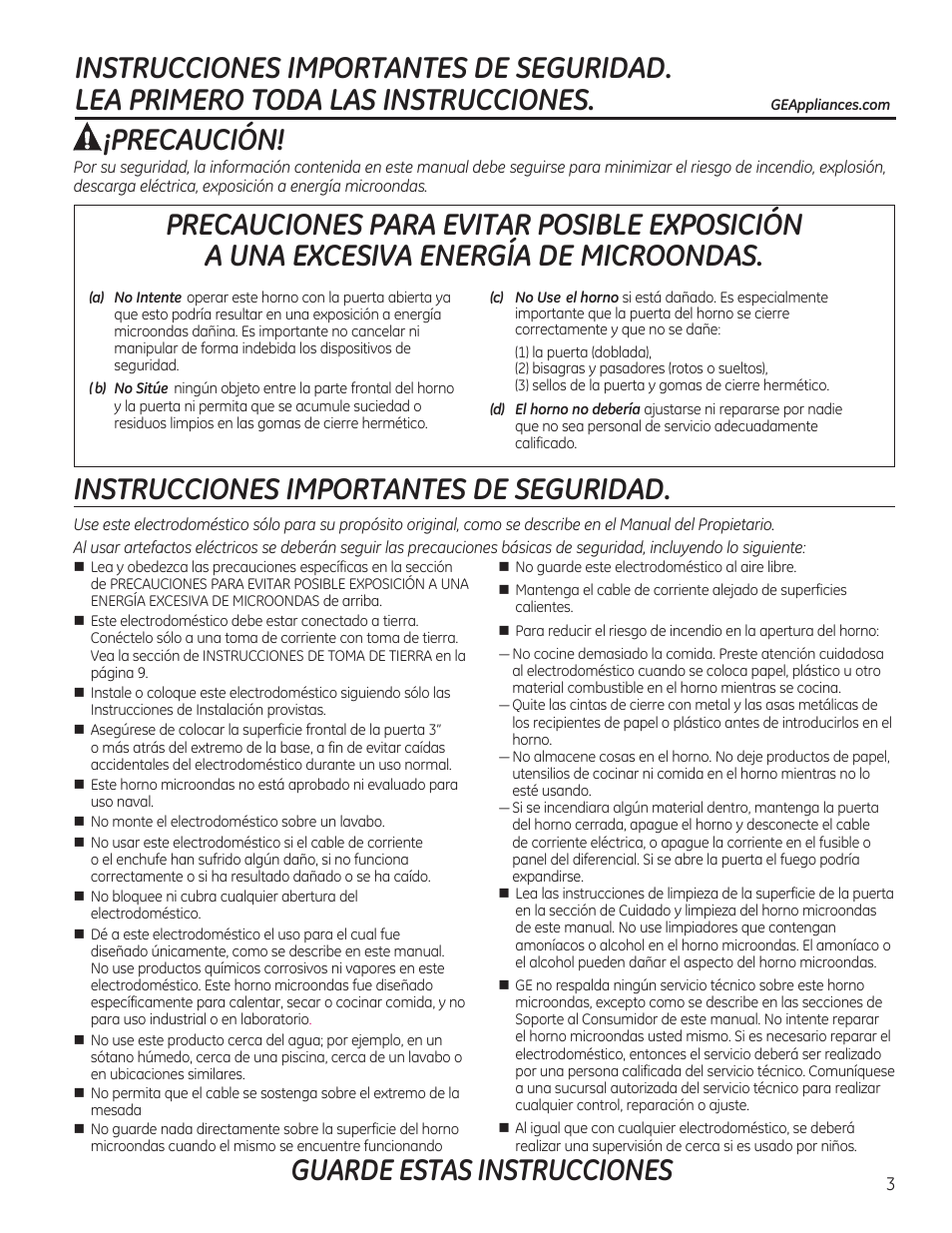 Precaución, Instrucciones importantes de seguridad, Guarde estas instrucciones | GE JVM7195RFSS User Manual | Page 3 / 60