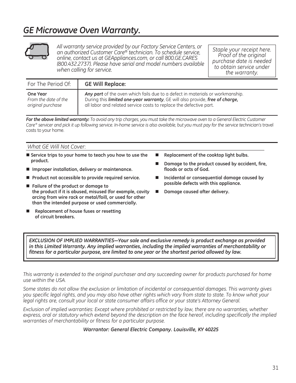 Ge microwave oven warranty | GE JVM7195RFSS User Manual | Page 31 / 60