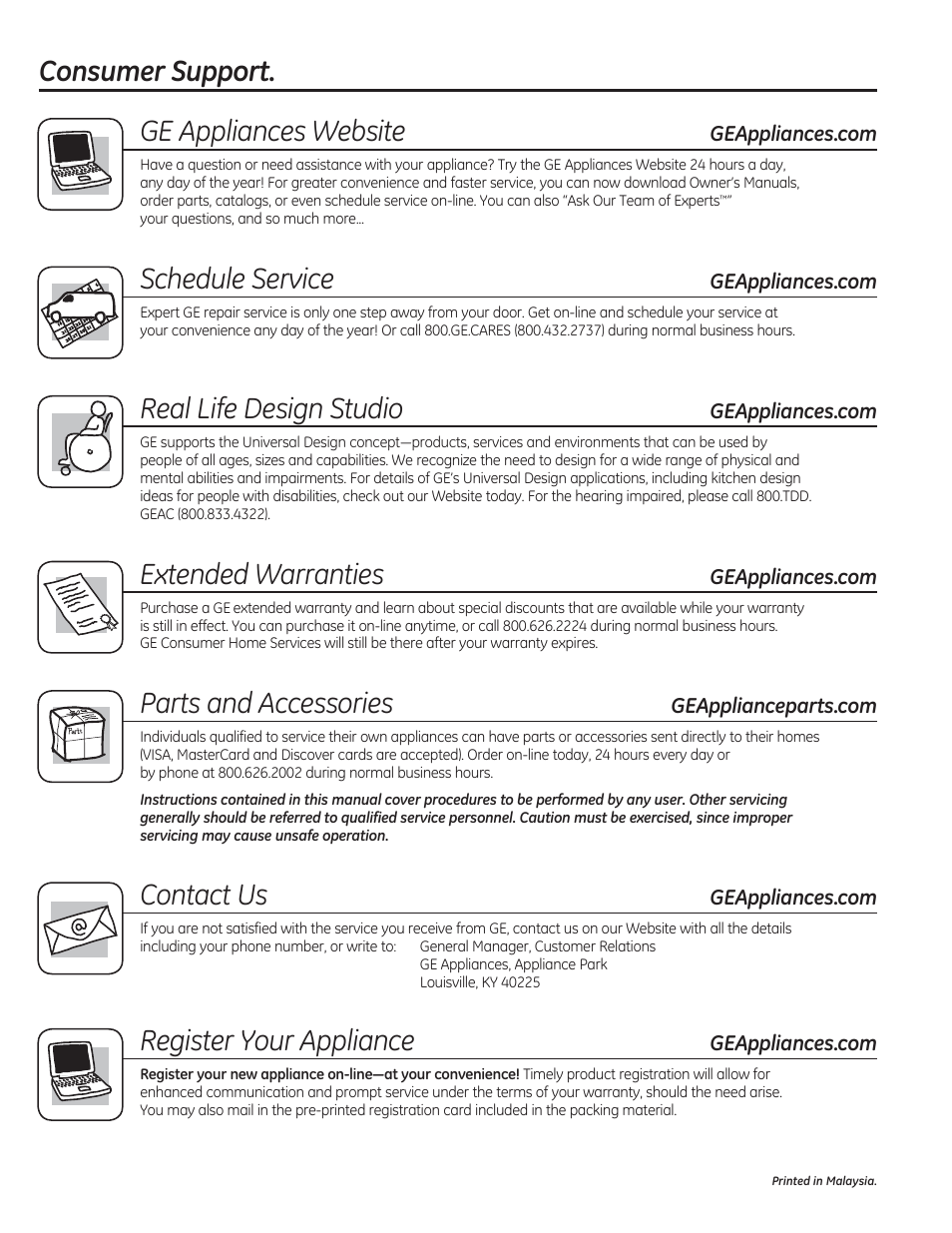 Consumer support. ge appliances website, Schedule service, Real life design studio | Extended warranties, Parts and accessories, Contact us, Register your appliance | GE JVM7195RFSS User Manual | Page 32 / 60