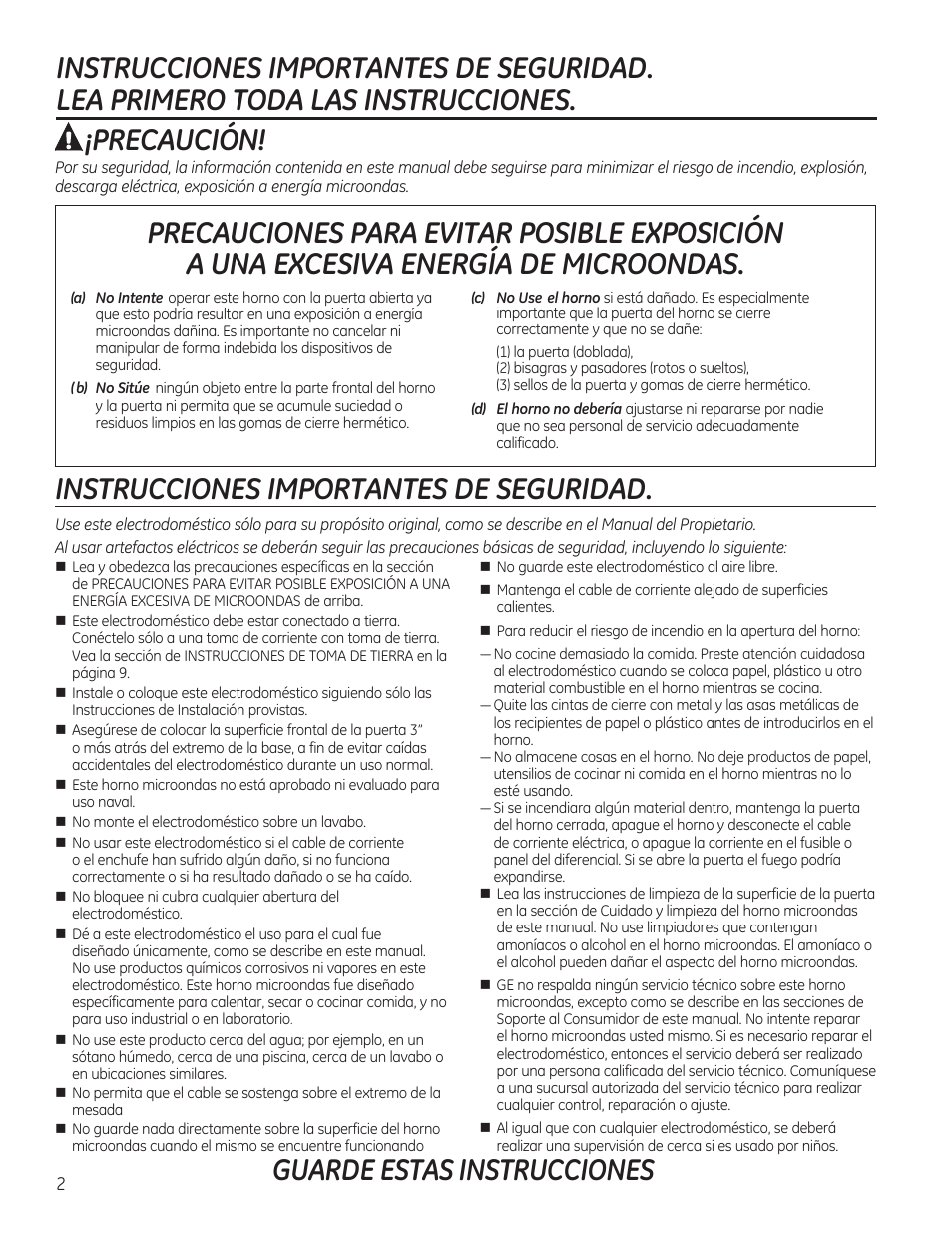 Precaución, Instrucciones importantes de seguridad, Guarde estas instrucciones | GE JVM7195RFSS User Manual | Page 34 / 60