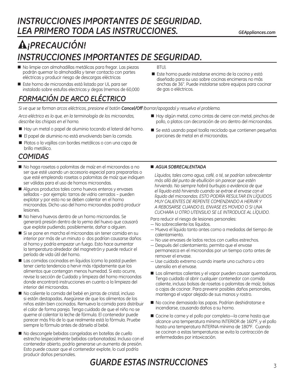 Guarde estas instrucciones, Precaución, Instrucciones importantes de seguridad | Formación de arco eléctrico comidas | GE JVM7195RFSS User Manual | Page 35 / 60