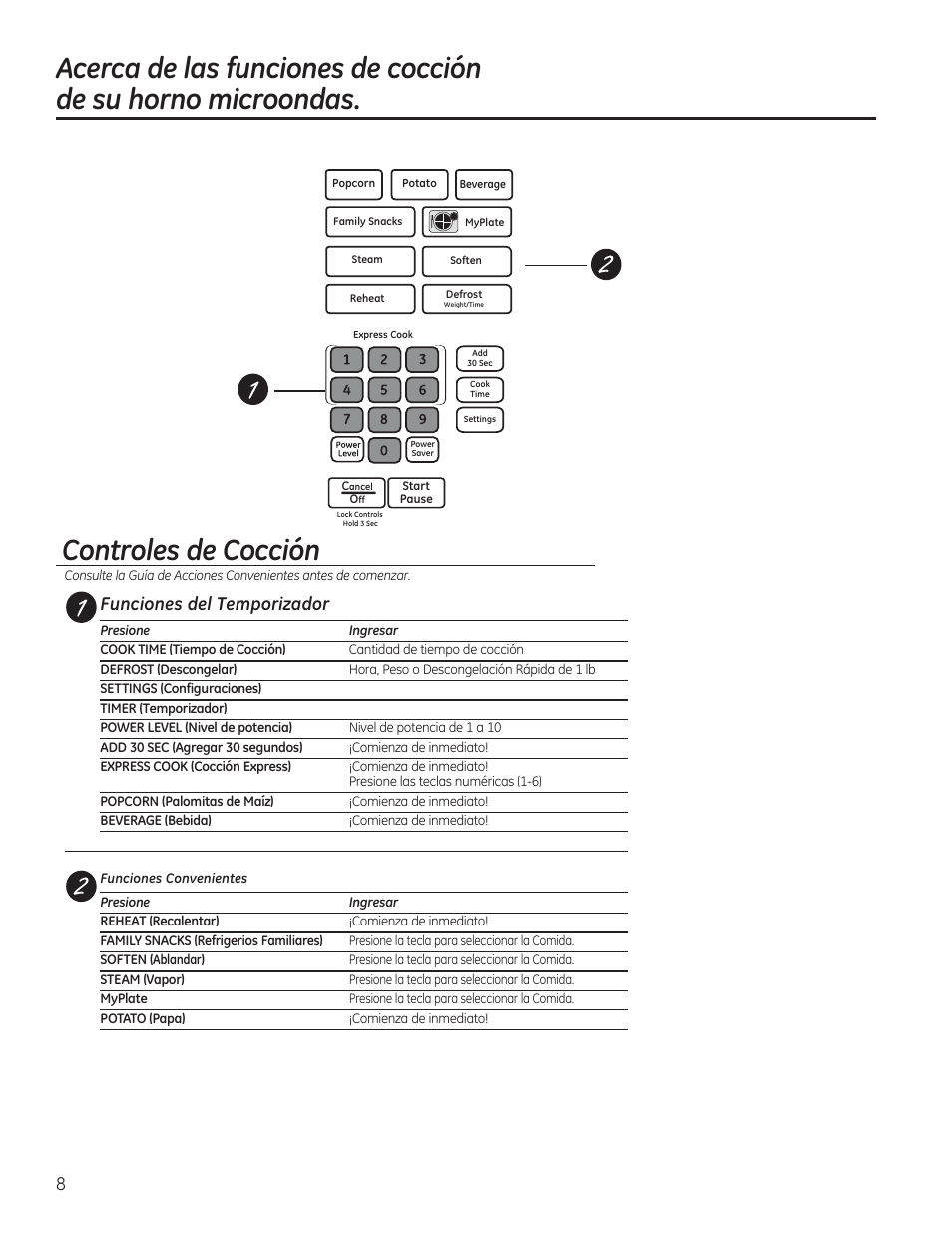 Controles de cocción, 8funciones del temporizador | GE JVM7195RFSS User Manual | Page 40 / 60