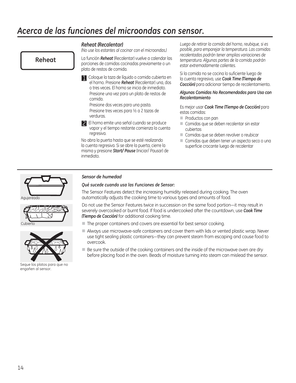 Acerca de las funciones del microondas con sensor, Reheat | GE JVM7195RFSS User Manual | Page 46 / 60