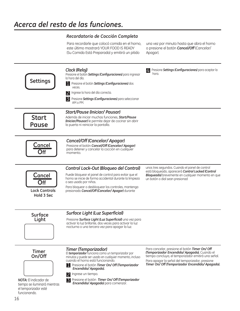 Acerca del resto de las funciones, Start pause c, Settings | Ancel | GE JVM7195RFSS User Manual | Page 48 / 60