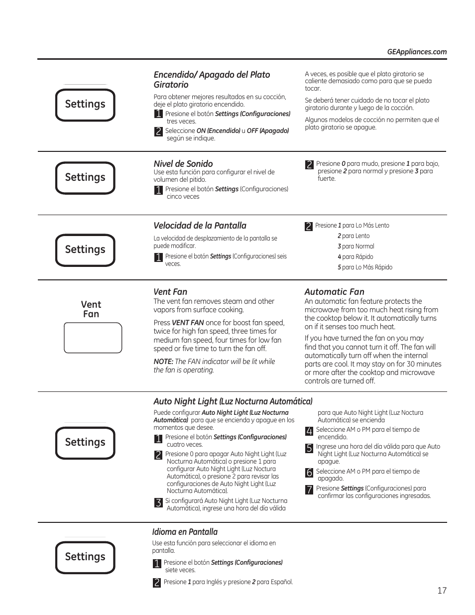 Settings, Vent fan | GE JVM7195RFSS User Manual | Page 49 / 60