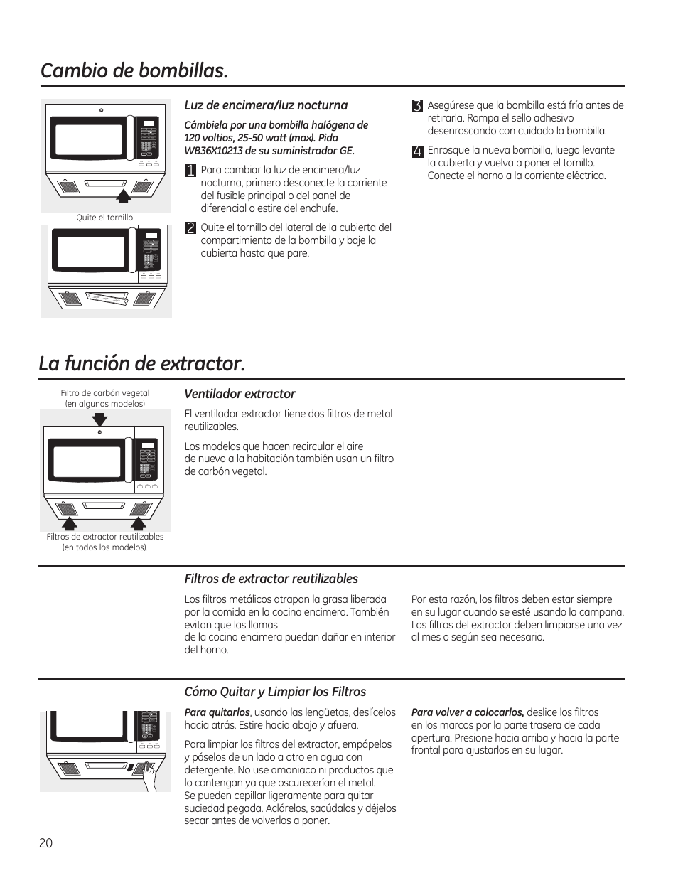 La función de extractor, Cambio de bombillas | GE JVM7195RFSS User Manual | Page 52 / 60