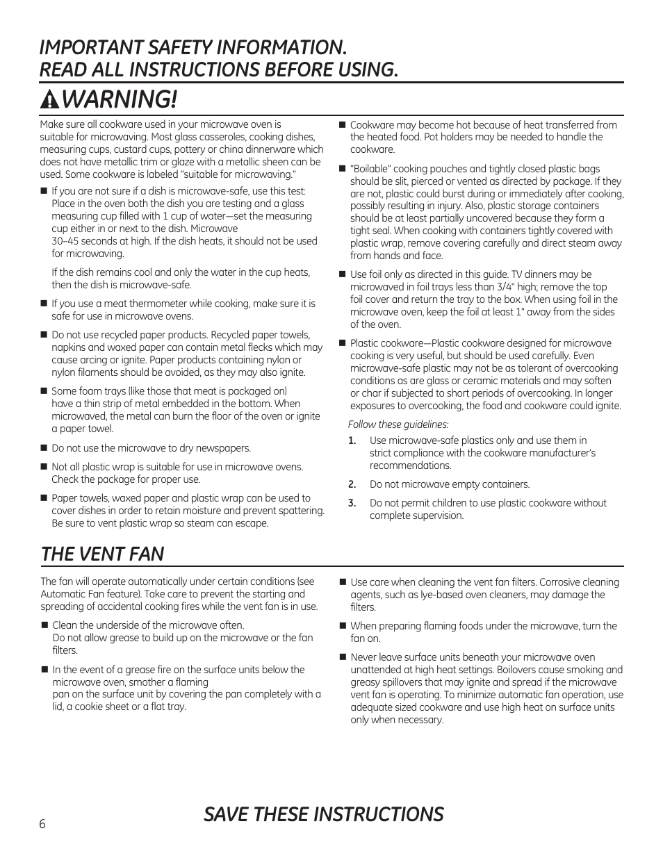 Warning, Save these instructions, The vent fan | GE JVM7195RFSS User Manual | Page 6 / 60