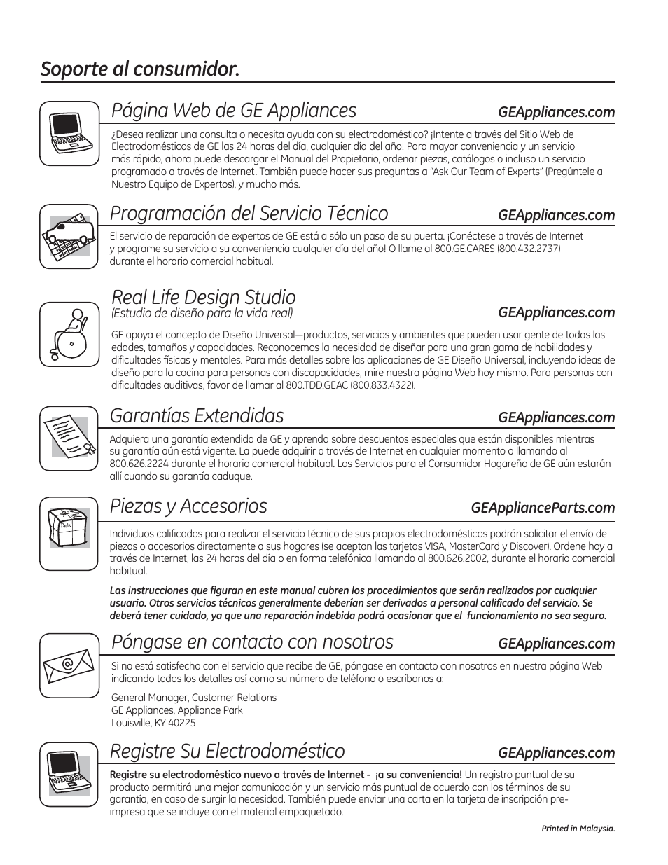 Soporte al consumidor. página web de ge appliances, Real life design studio, Póngase en contacto con nosotros | Programación del servicio técnico, Garantías extendidas, Piezas y accesorios, Registre su electrodoméstico | GE JVM7195RFSS User Manual | Page 60 / 60