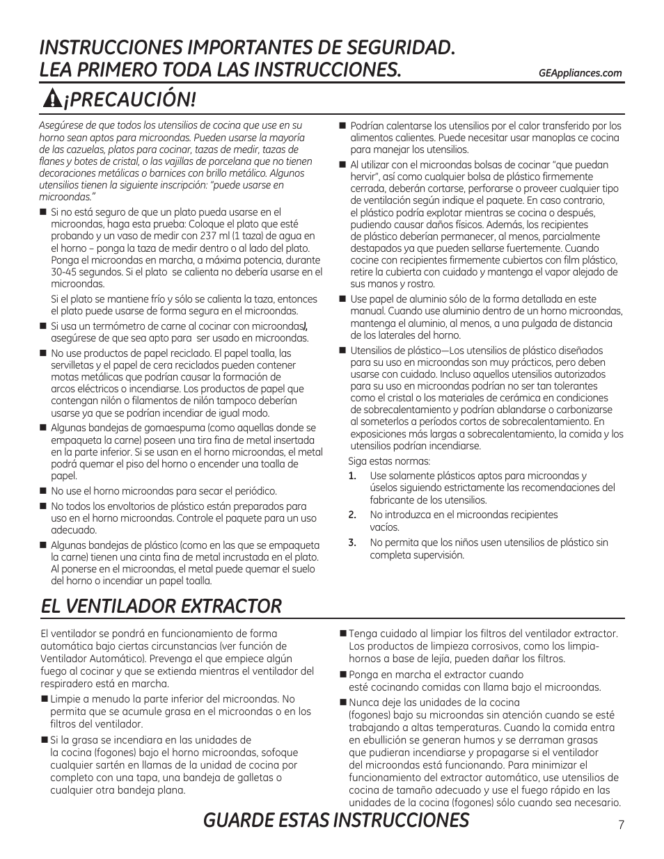 Guarde estas instrucciones, Precaución, El ventilador extractor | GE JVM7195RFSS User Manual | Page 7 / 60