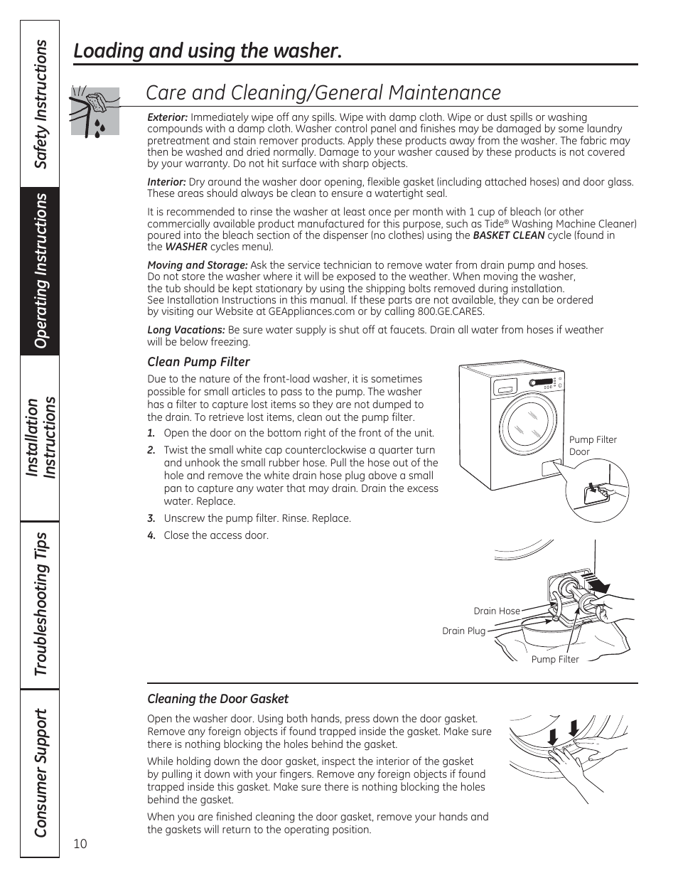 Care and cleaning/general maintenance, Loading and using the washer | GE WCVH4800KWW User Manual | Page 10 / 76