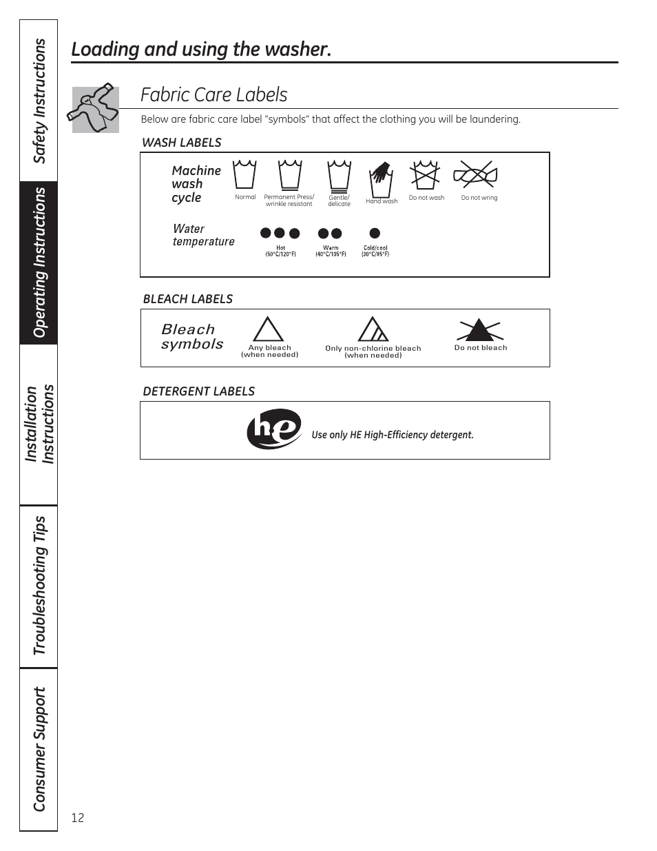 Loading and using the washer, Fabric care labels | GE WCVH4800KWW User Manual | Page 12 / 76