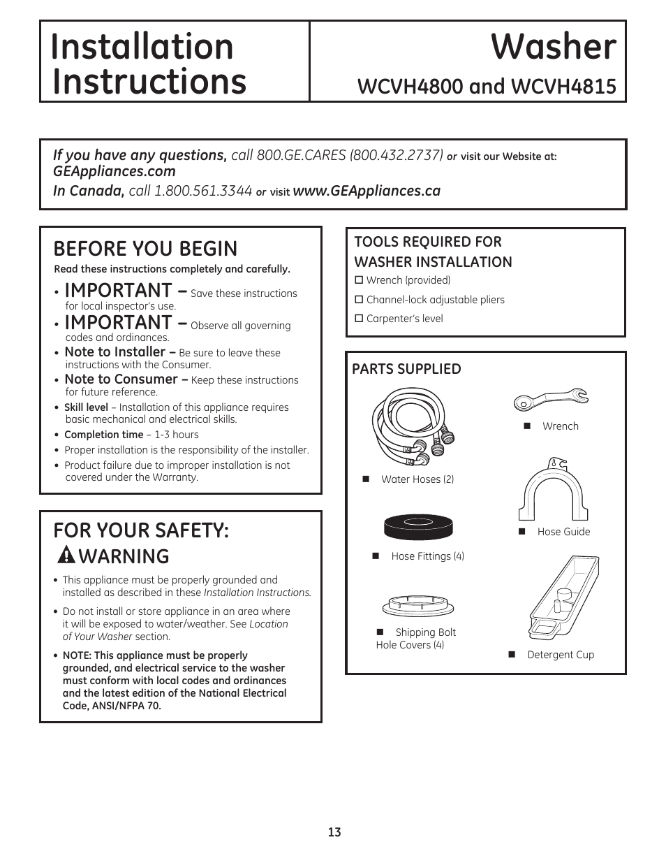 Installation washer, Instructions, Before you begin | For your safety, Important, Warning | GE WCVH4800KWW User Manual | Page 13 / 76