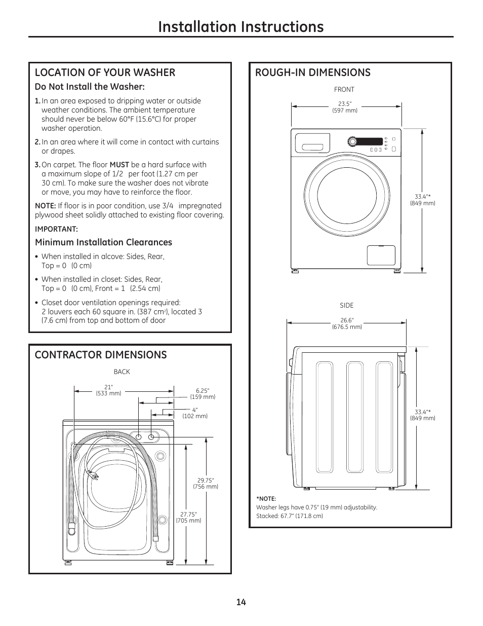 Installation instructions, Location of your washer, Rough-in dimensions | Contractor dimensions | GE WCVH4800KWW User Manual | Page 14 / 76