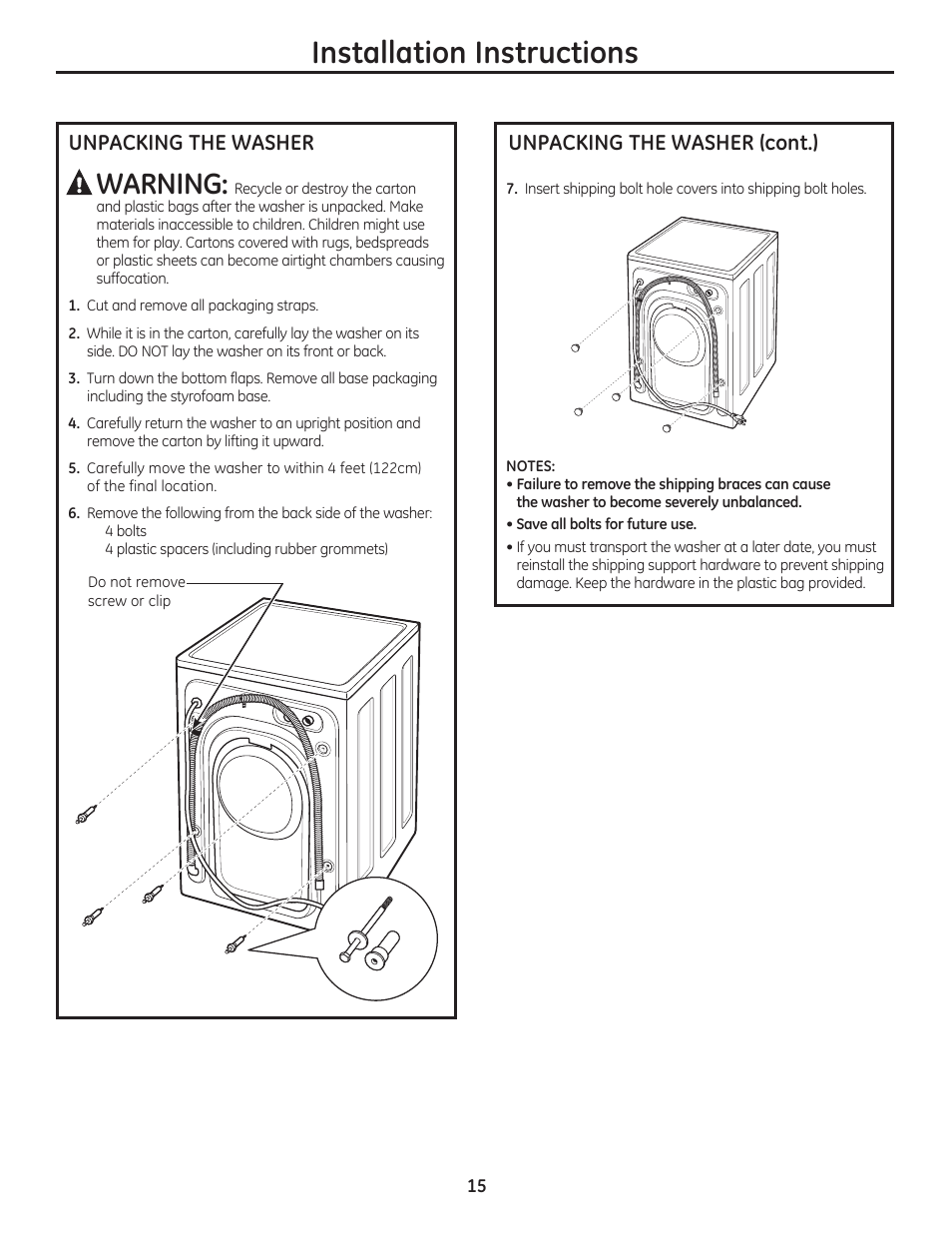 Installation instructions, Warning, Unpacking the washer | Unpacking the washer (cont.) | GE WCVH4800KWW User Manual | Page 15 / 76