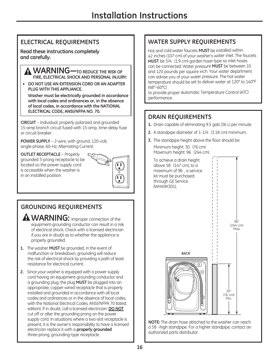 Installation instructions, Warning, Electrical requirements | Grounding requirements water supply requirements, Drain requirements | GE WCVH4800KWW User Manual | Page 16 / 76