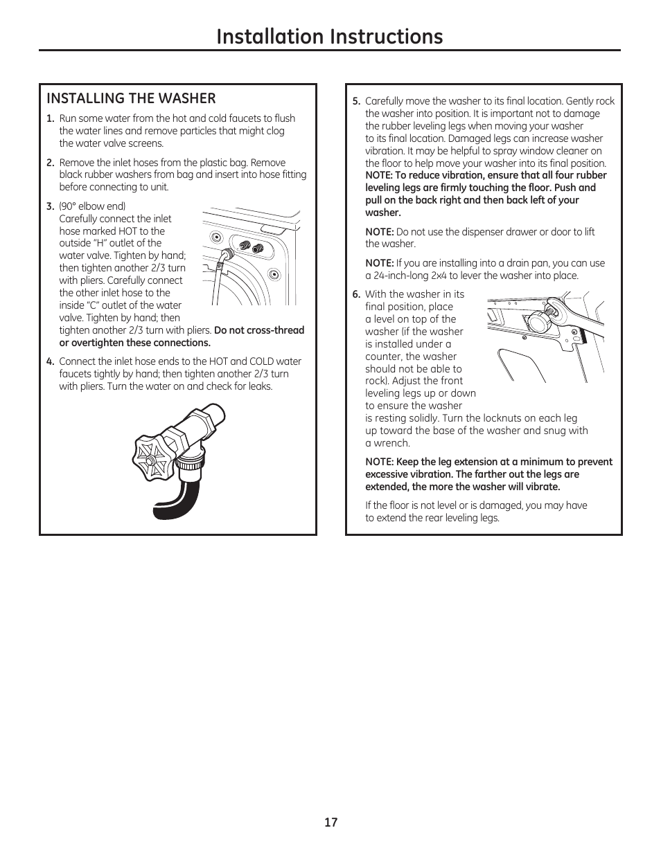 Installation instructions, Installing the washer | GE WCVH4800KWW User Manual | Page 17 / 76