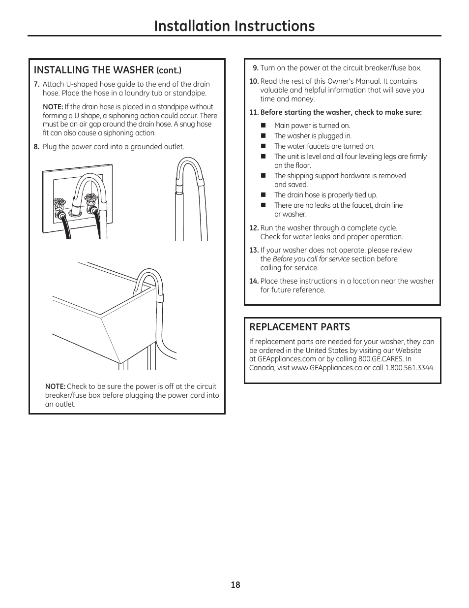 Installation instructions, Installing the washer, Replacement parts | GE WCVH4800KWW User Manual | Page 18 / 76