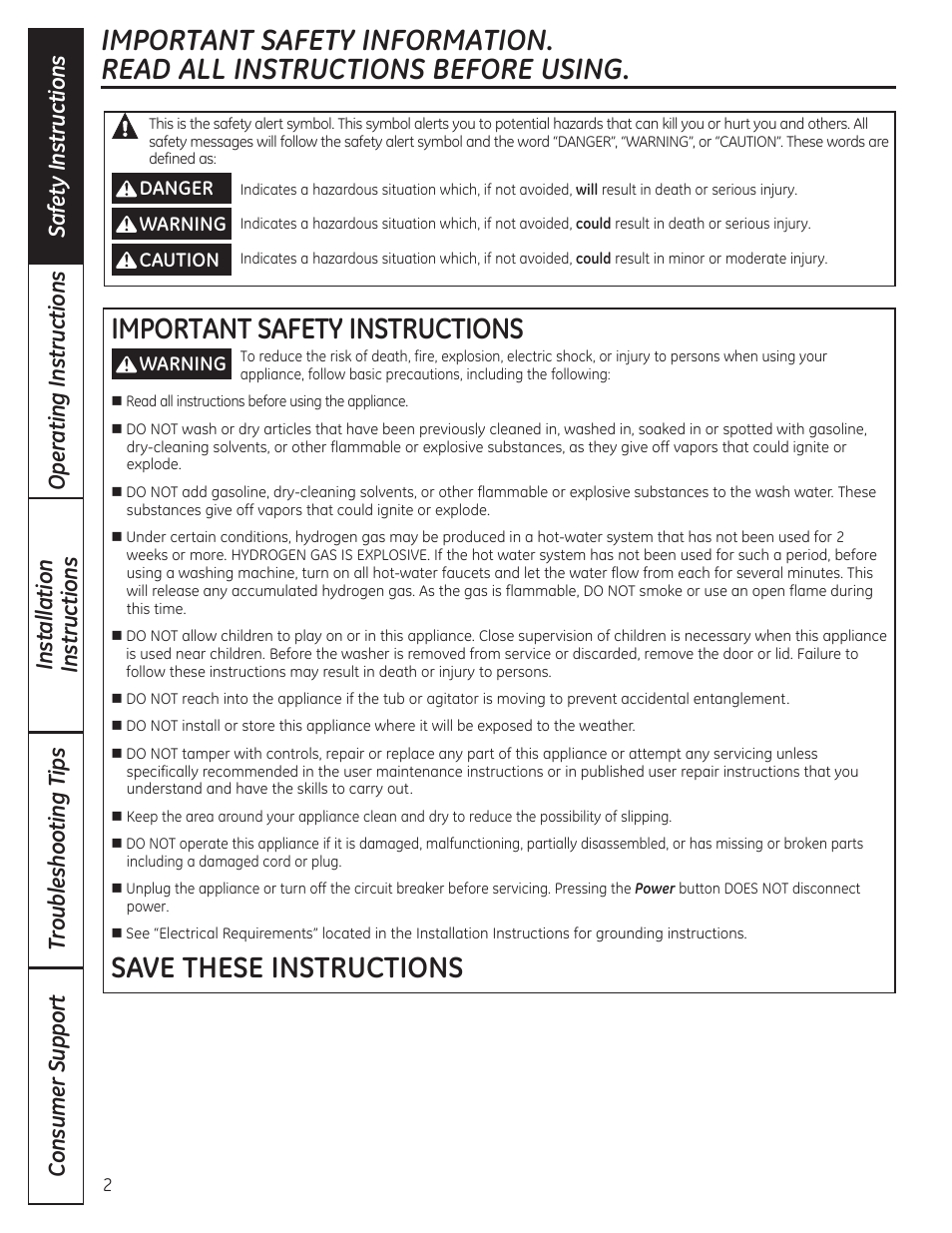 Important safety instructions, Save these instructions | GE WCVH4800KWW User Manual | Page 2 / 76