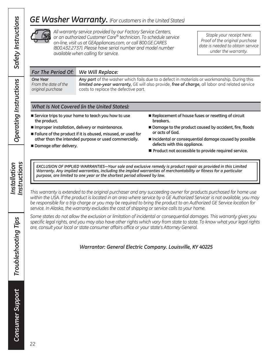 Ge washer warranty | GE WCVH4800KWW User Manual | Page 22 / 76