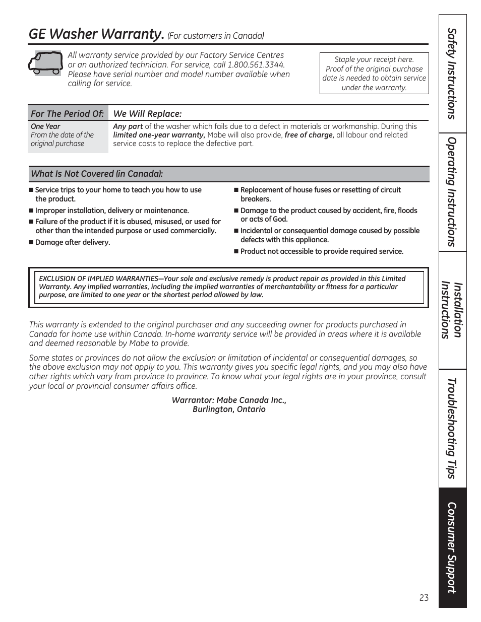 Ge washer warranty | GE WCVH4800KWW User Manual | Page 23 / 76