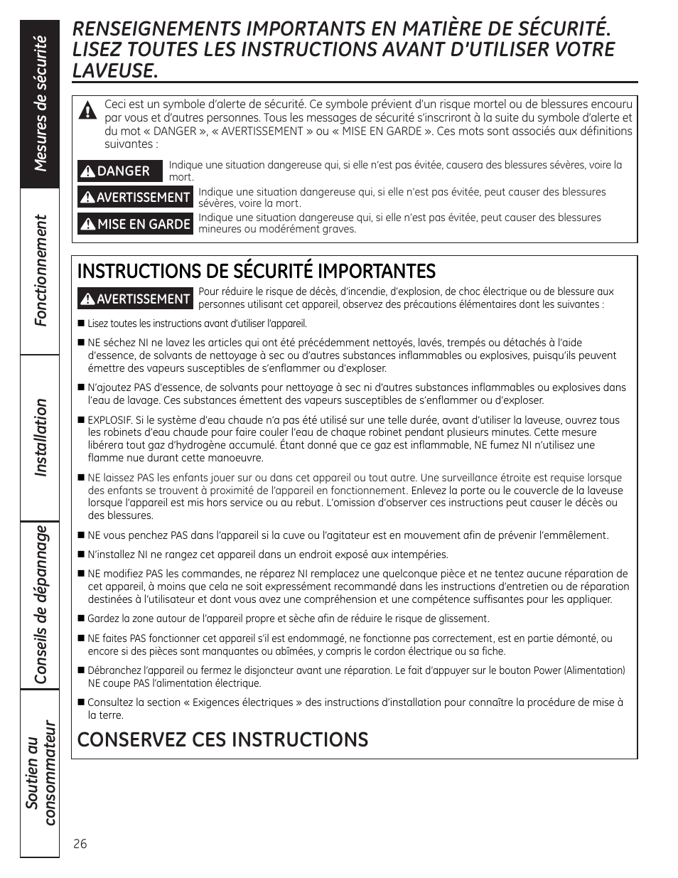 Instructions de sécurité importantes, Conservez ces instructions | GE WCVH4800KWW User Manual | Page 26 / 76