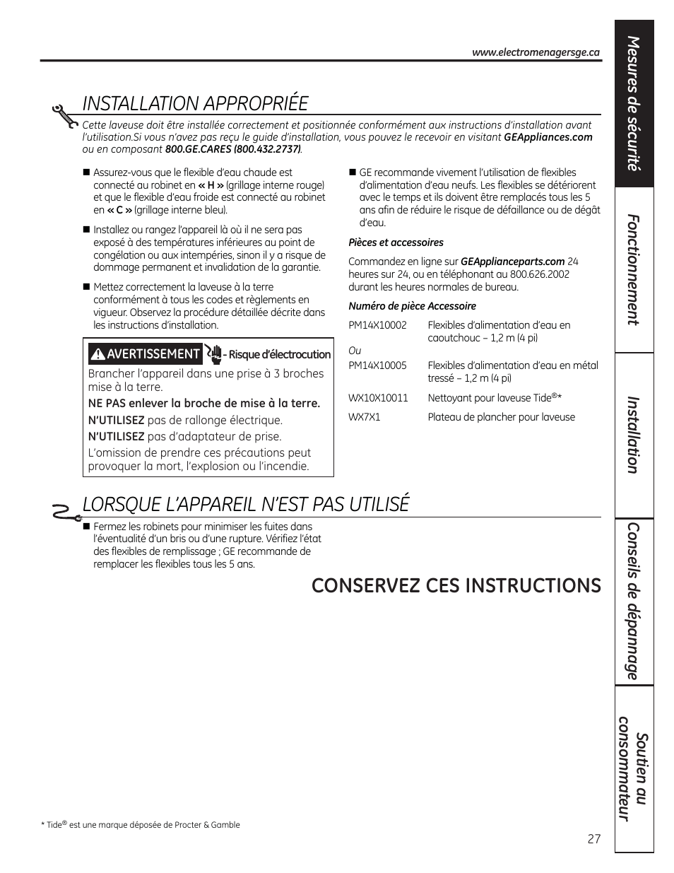 Lorsque l’appareil n’est pas utilisé, Installation appropriée, Conservez ces instructions | GE WCVH4800KWW User Manual | Page 27 / 76