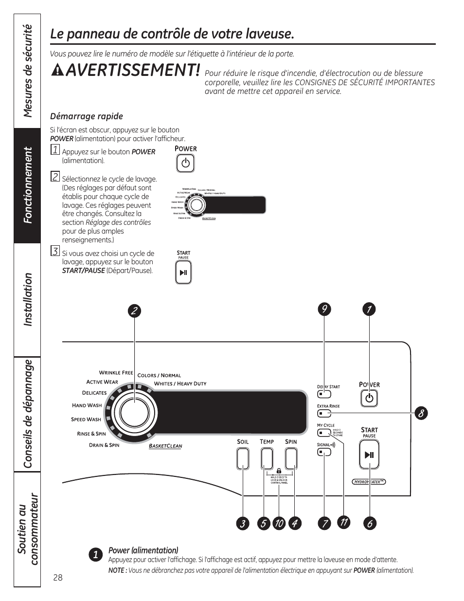 Avertissement, Le panneau de contrôle de votre laveuse | GE WCVH4800KWW User Manual | Page 28 / 76