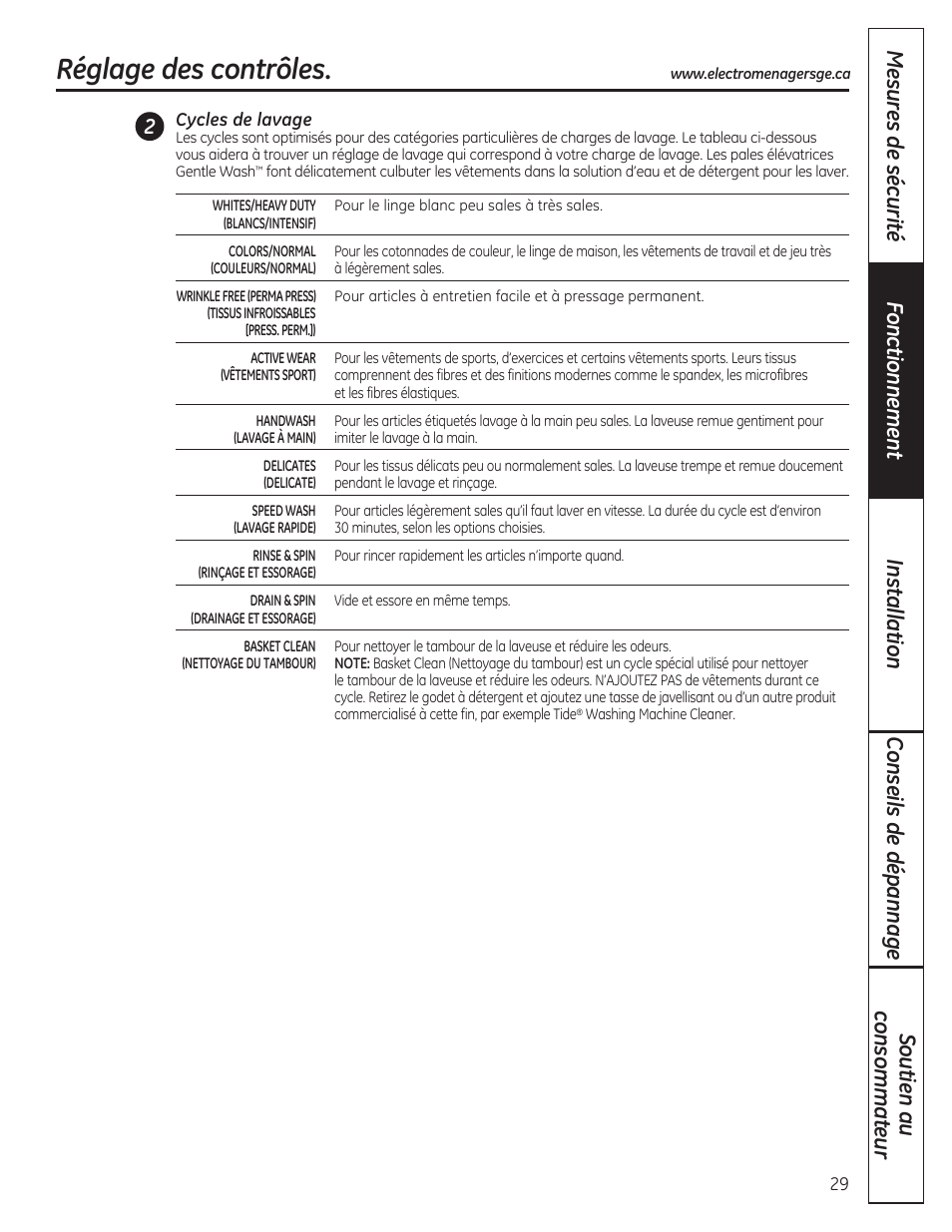 Réglage des contrôles | GE WCVH4800KWW User Manual | Page 29 / 76