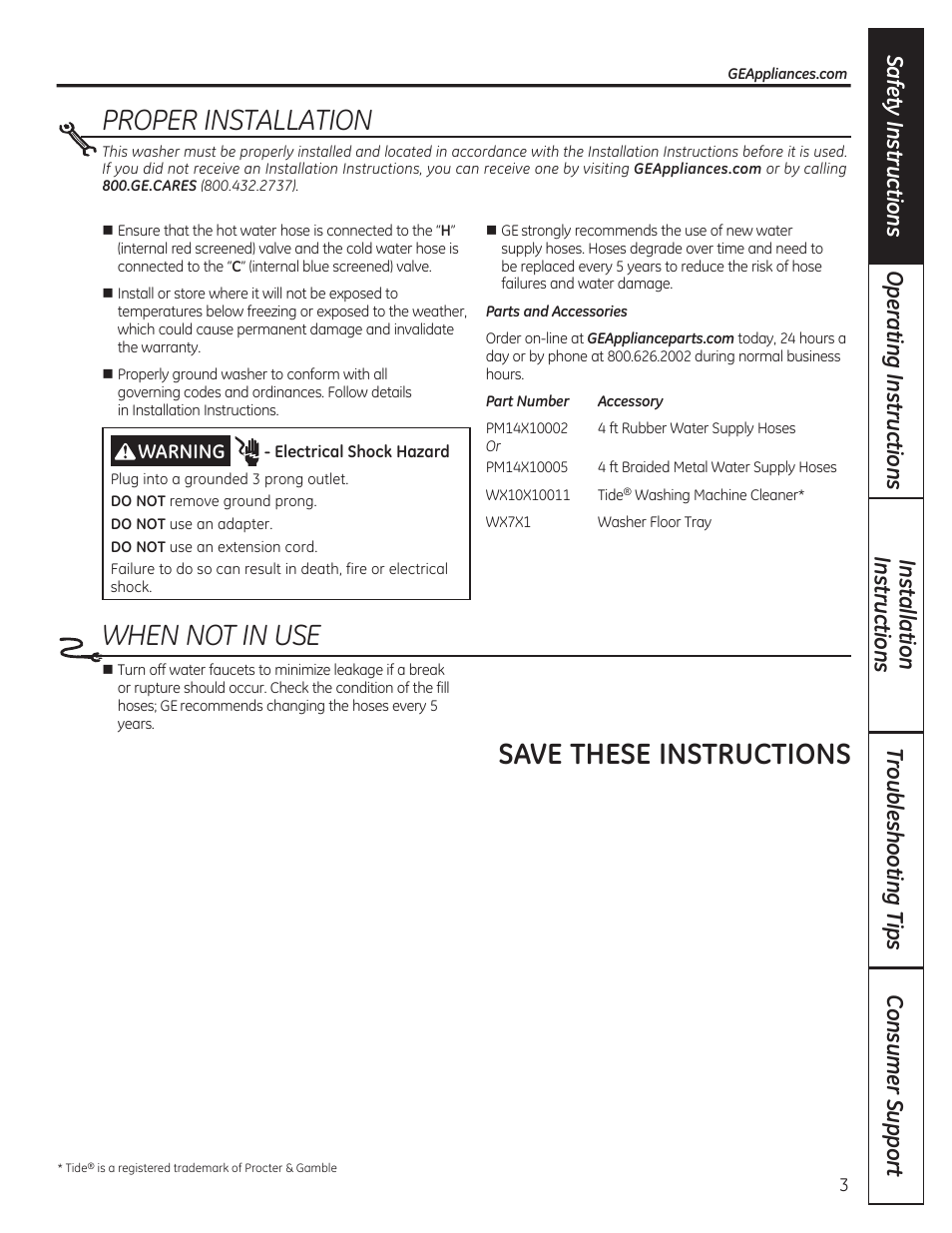When not in use, Proper installation, Save these instructions | GE WCVH4800KWW User Manual | Page 3 / 76