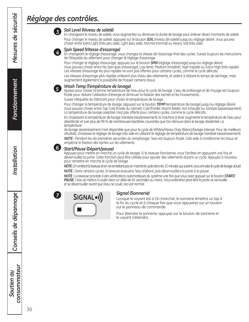 Réglage des contrôles | GE WCVH4800KWW User Manual | Page 30 / 76