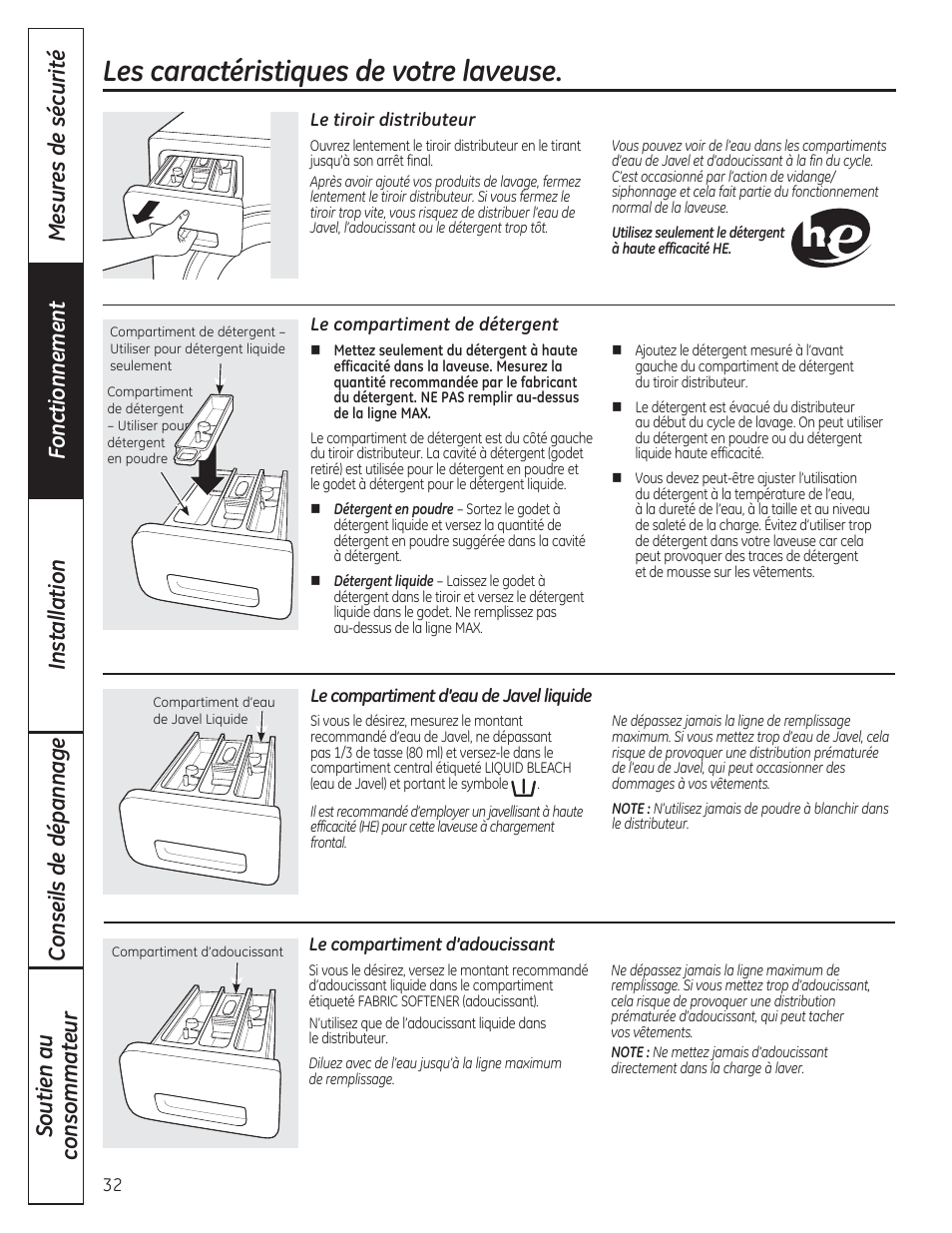 Les caractéristiques de votre laveuse | GE WCVH4800KWW User Manual | Page 32 / 76