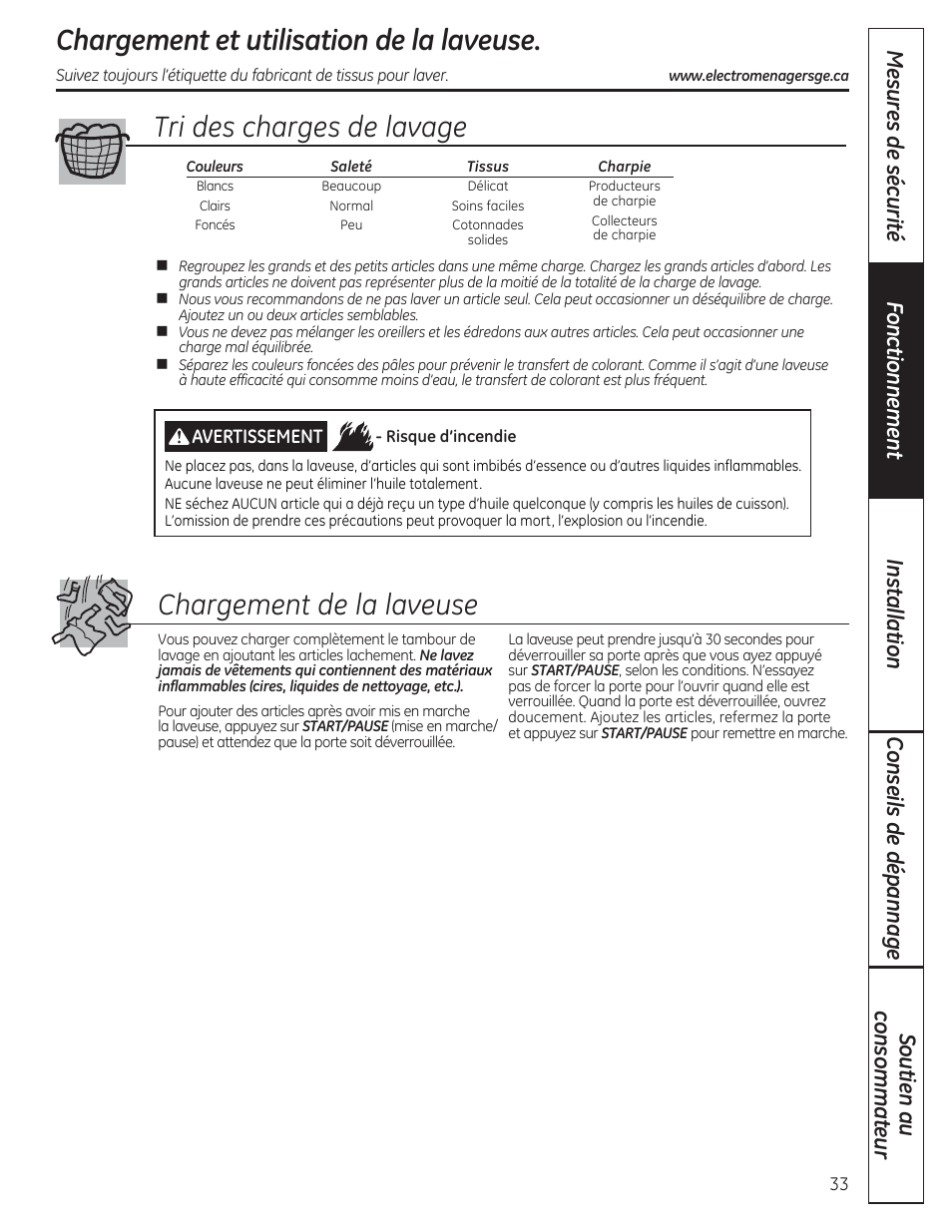 Chargement et utilisation de la laveuse, Tri des charges de lavage chargement de la laveuse | GE WCVH4800KWW User Manual | Page 33 / 76