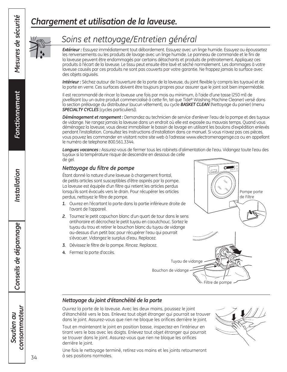 Soins et nettoyage/entretien général, Chargement et utilisation de la laveuse | GE WCVH4800KWW User Manual | Page 34 / 76
