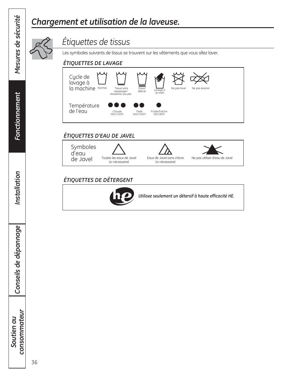 Chargement et utilisation de la laveuse, Étiquettes de tissus, Bleach symbols | Symboles d’eau de javel | GE WCVH4800KWW User Manual | Page 36 / 76