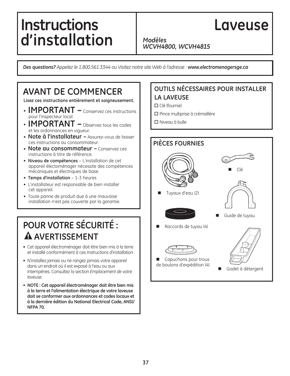 Instructions laveuse, D’installation, Avant de commencer | Pour votre sécurité, Important, Avertissement | GE WCVH4800KWW User Manual | Page 37 / 76